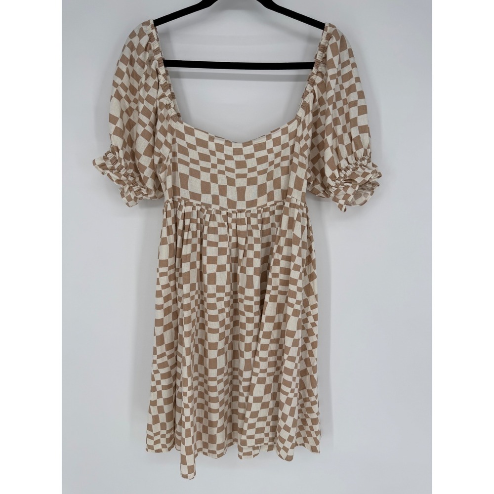 RYLEE + CRU NAOMI DRESS SAND CHECKER MEDIUM NWT BABYDOLL COTTAGECORE BOHO CHIC